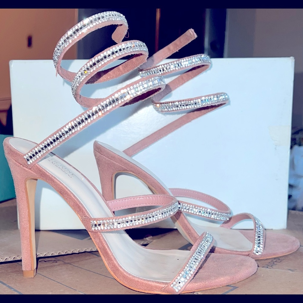 Jeweled pink wrap-around heels